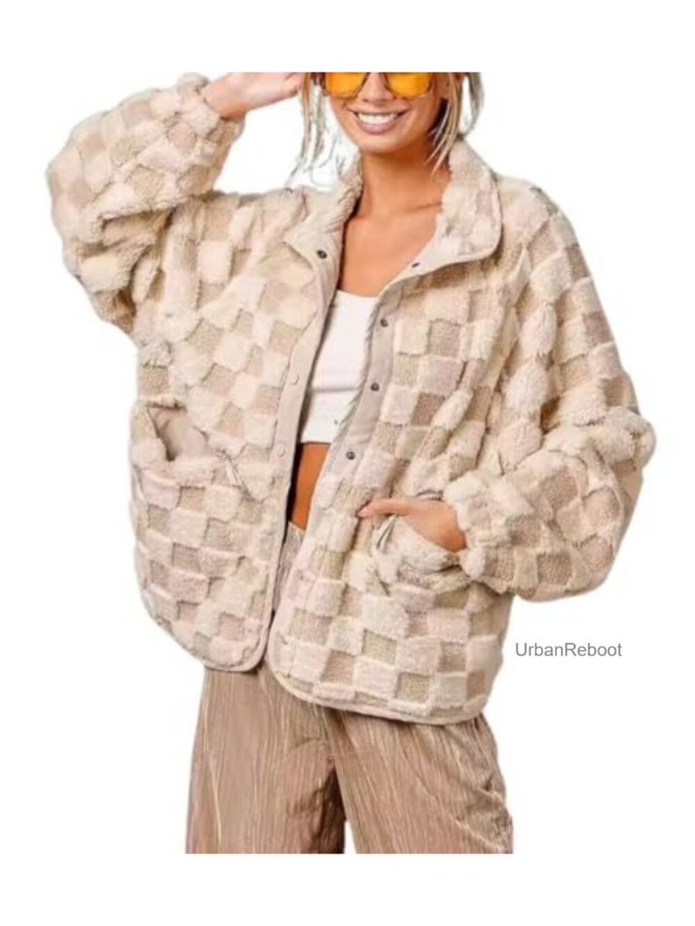 Faux Fur Checkered Fleece Jacket Oversized Sherpa Shacket